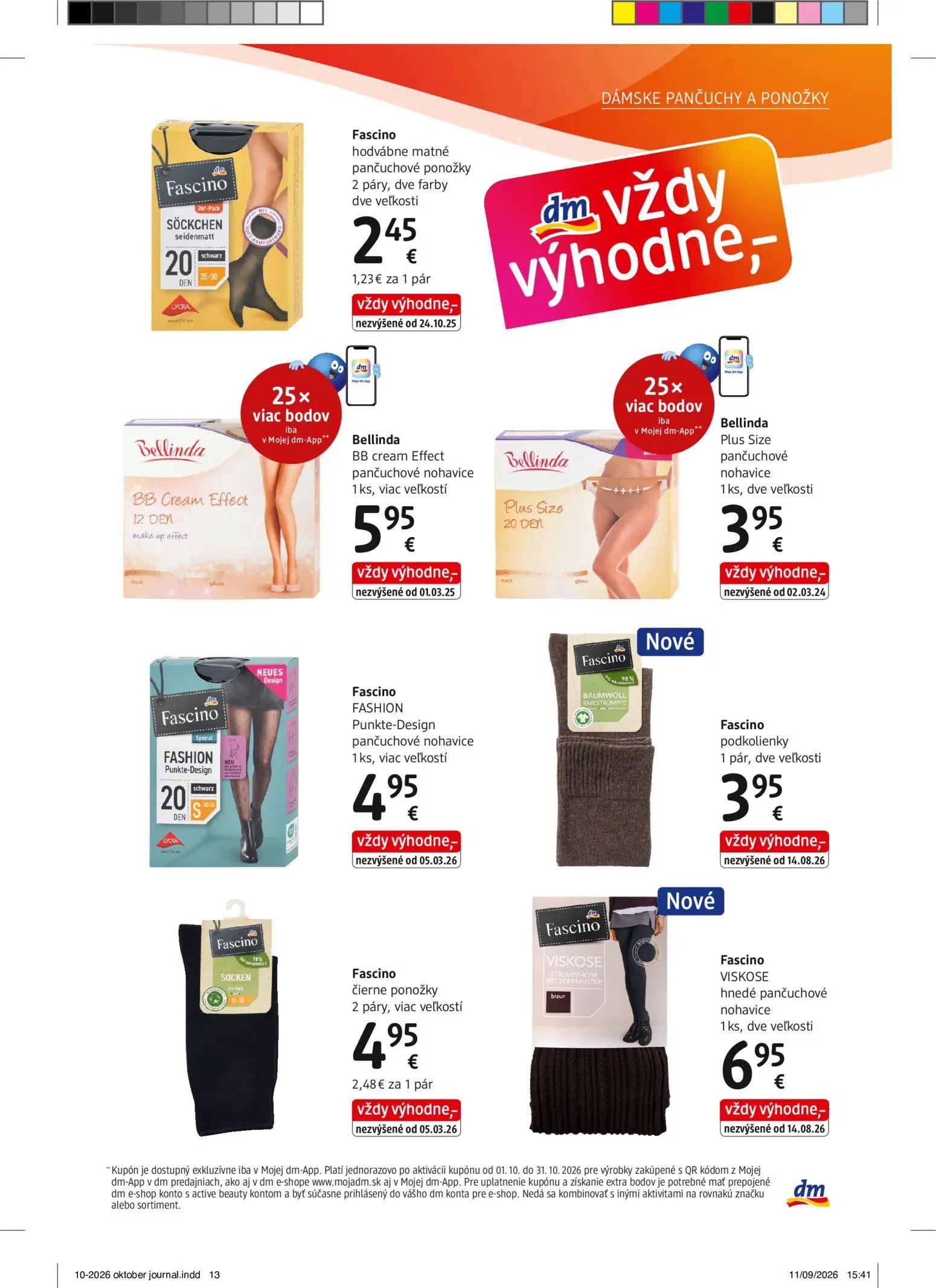 DM Drogerie leták, strana 13 z 32 — Fascino hodvábne matné pančuchové ponožky, Bellinda BB cream Effect pančuchové nohavice,…