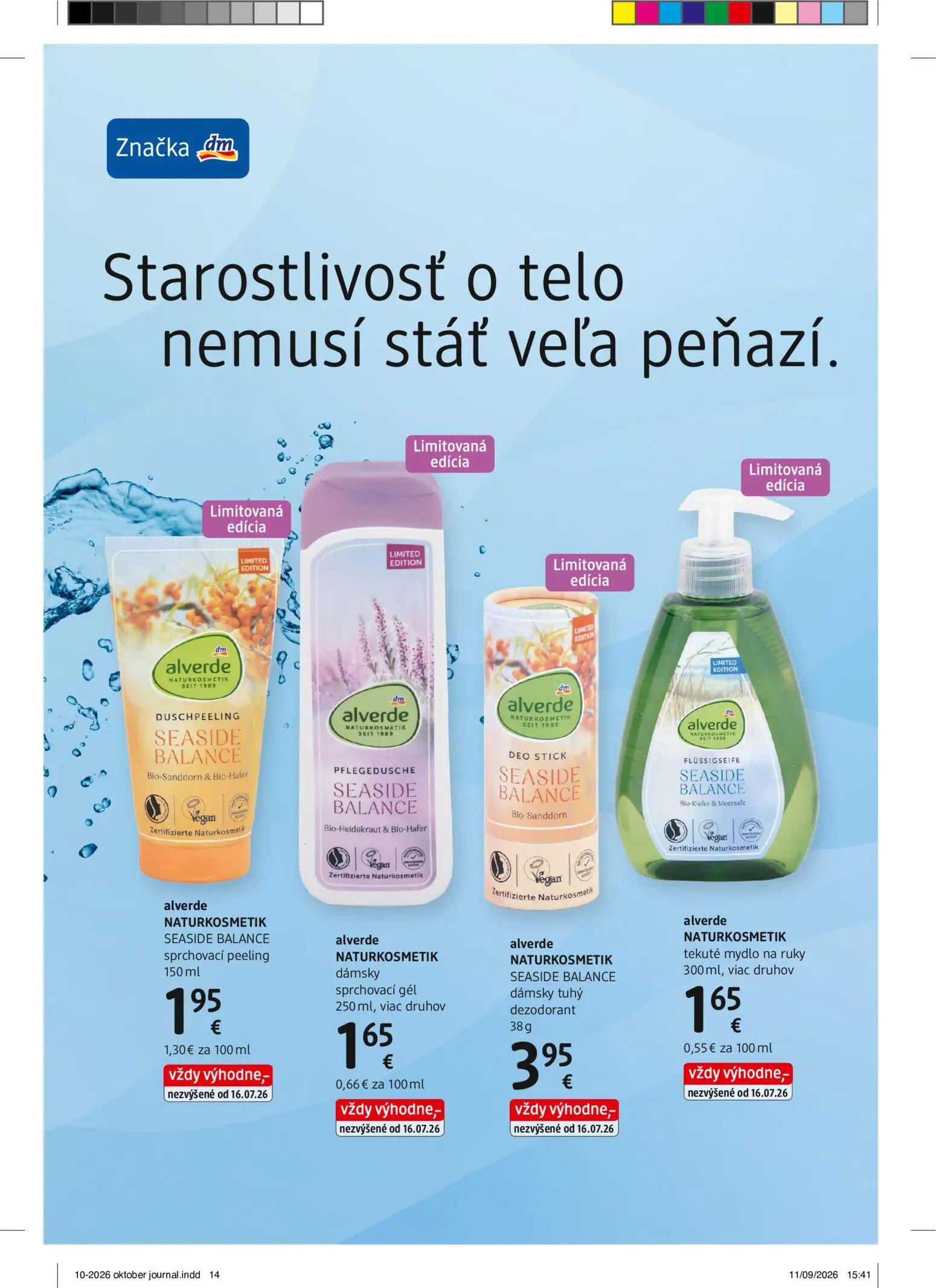 DM Drogerie leták, strana 14 z 32 — alverde NATURKOSMETIK SEASIDE BALANCE sprchovací peeling, alverde NATURKOSMETIK dámsky s…