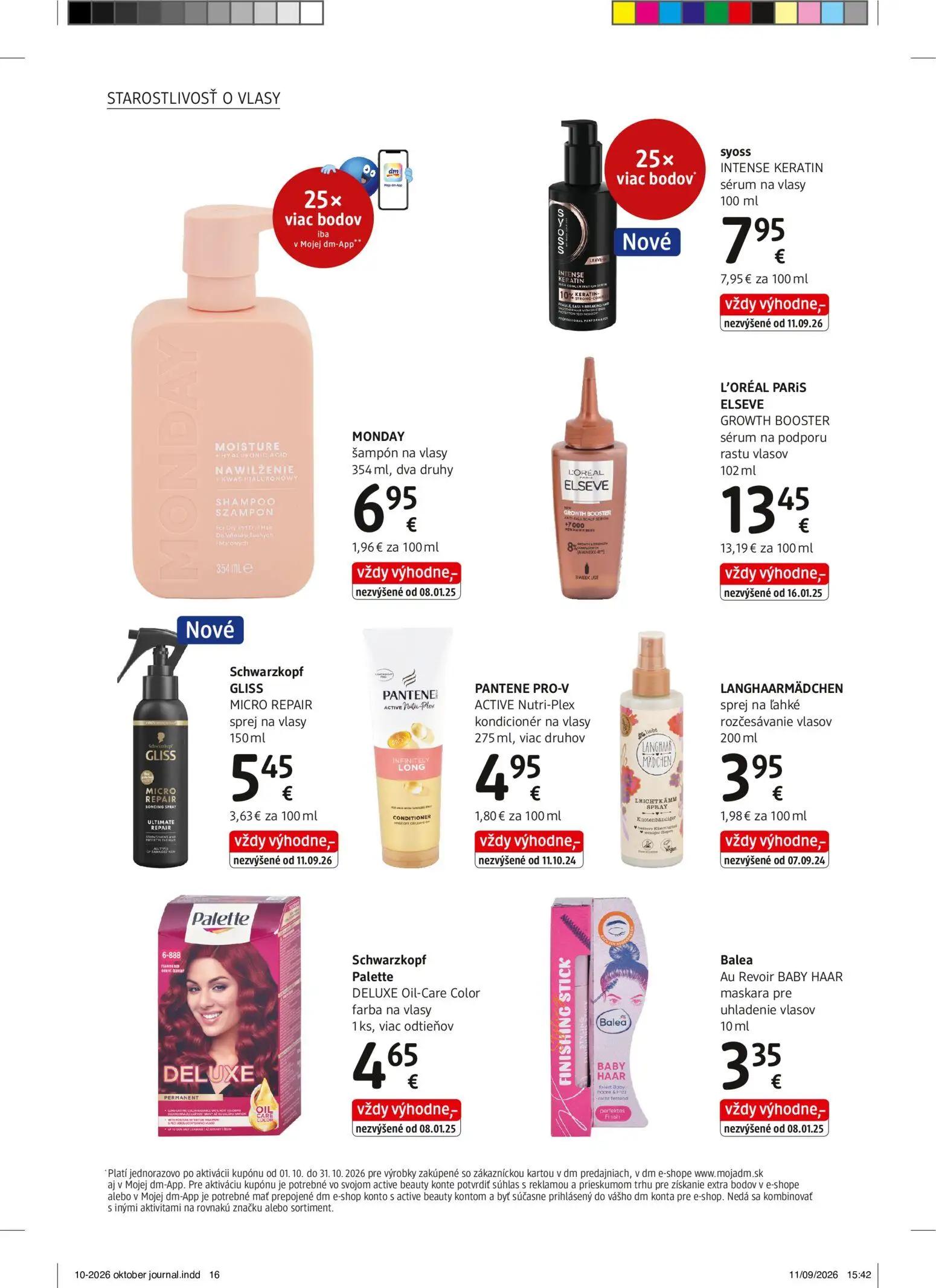 DM Drogerie leták, strana 16 z 32 — MONDAY šampón na vlasy, syoss INTENSE KERATIN sérum na vlasy, L'ORÉAL PARIS ELSEVE GROWT…