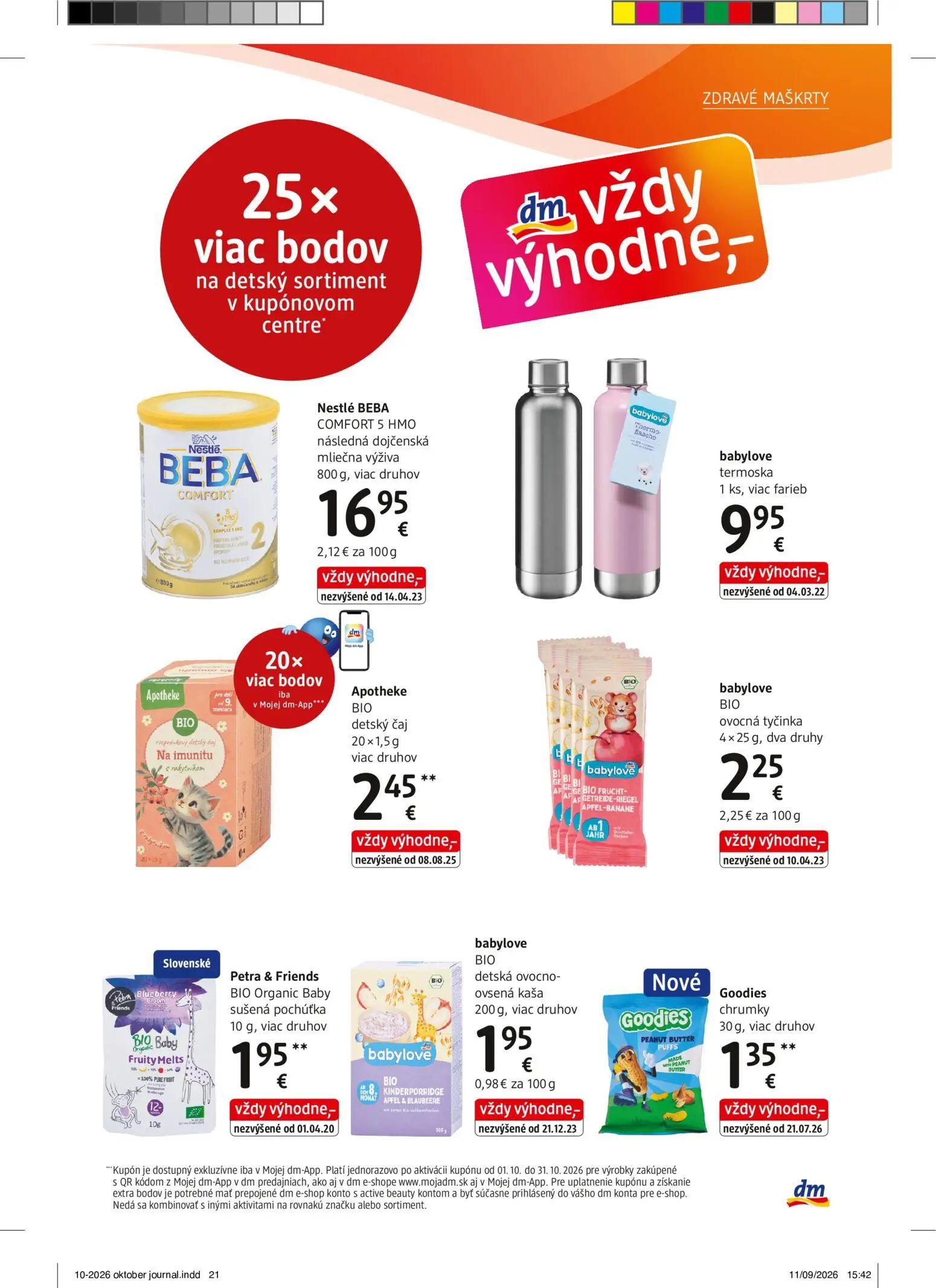 DM Drogerie leták, strana 21 z 32 — Nestlé BEBA COMFORT 5 HMO následná dojčenská mliečna výživa, babylove termoska, Apotheke…