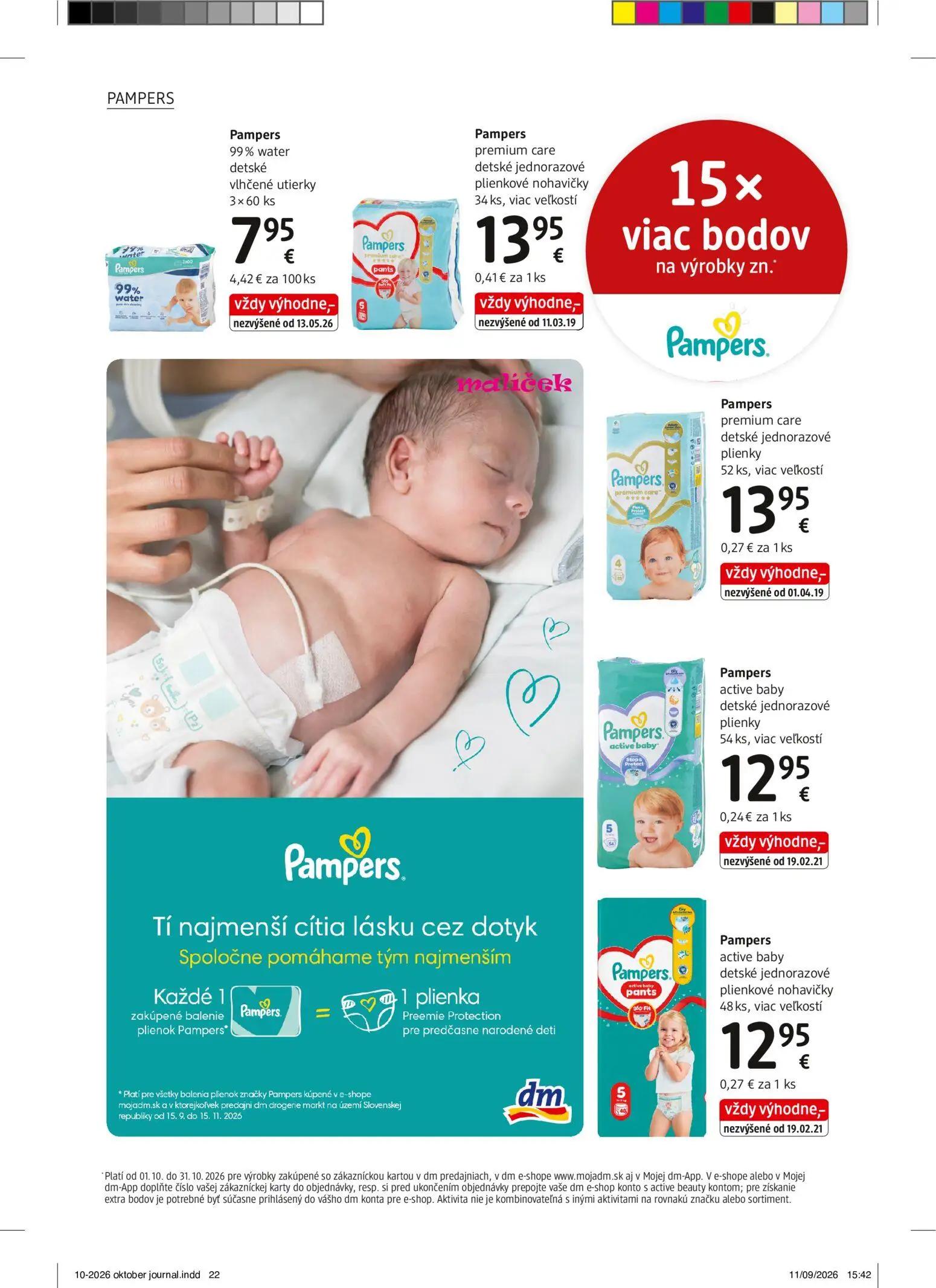 DM Drogerie leták, strana 22 z 32 — Pampers 99% water detské vlhčené utierky, Pampers premium care detské jednorazové plienk…