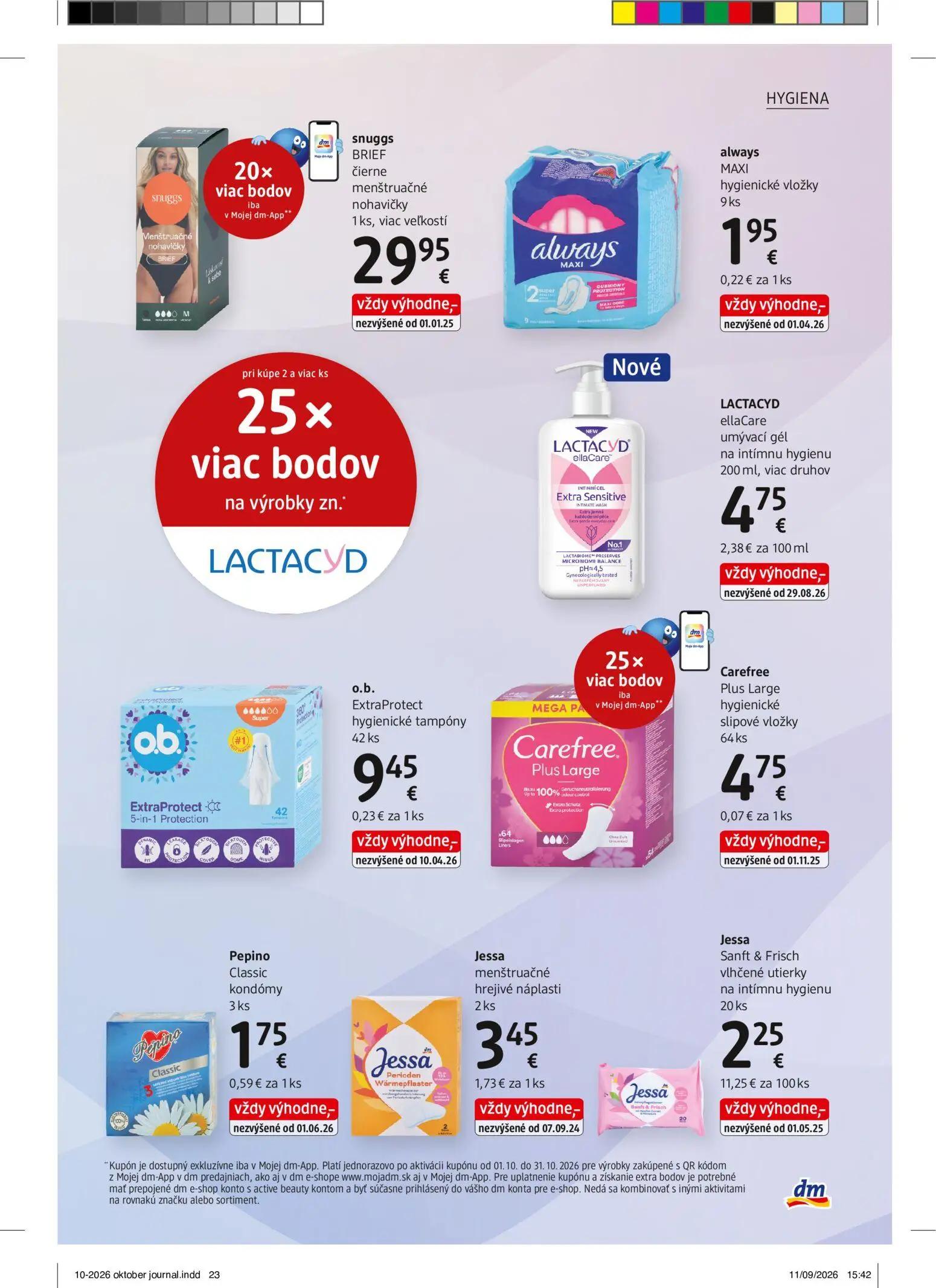 DM Drogerie leták, strana 23 z 32 — snuggs BRIEF čierne menštruačné nohavičky, always MAXI hygienické vložky, LACTACYD ellaC…