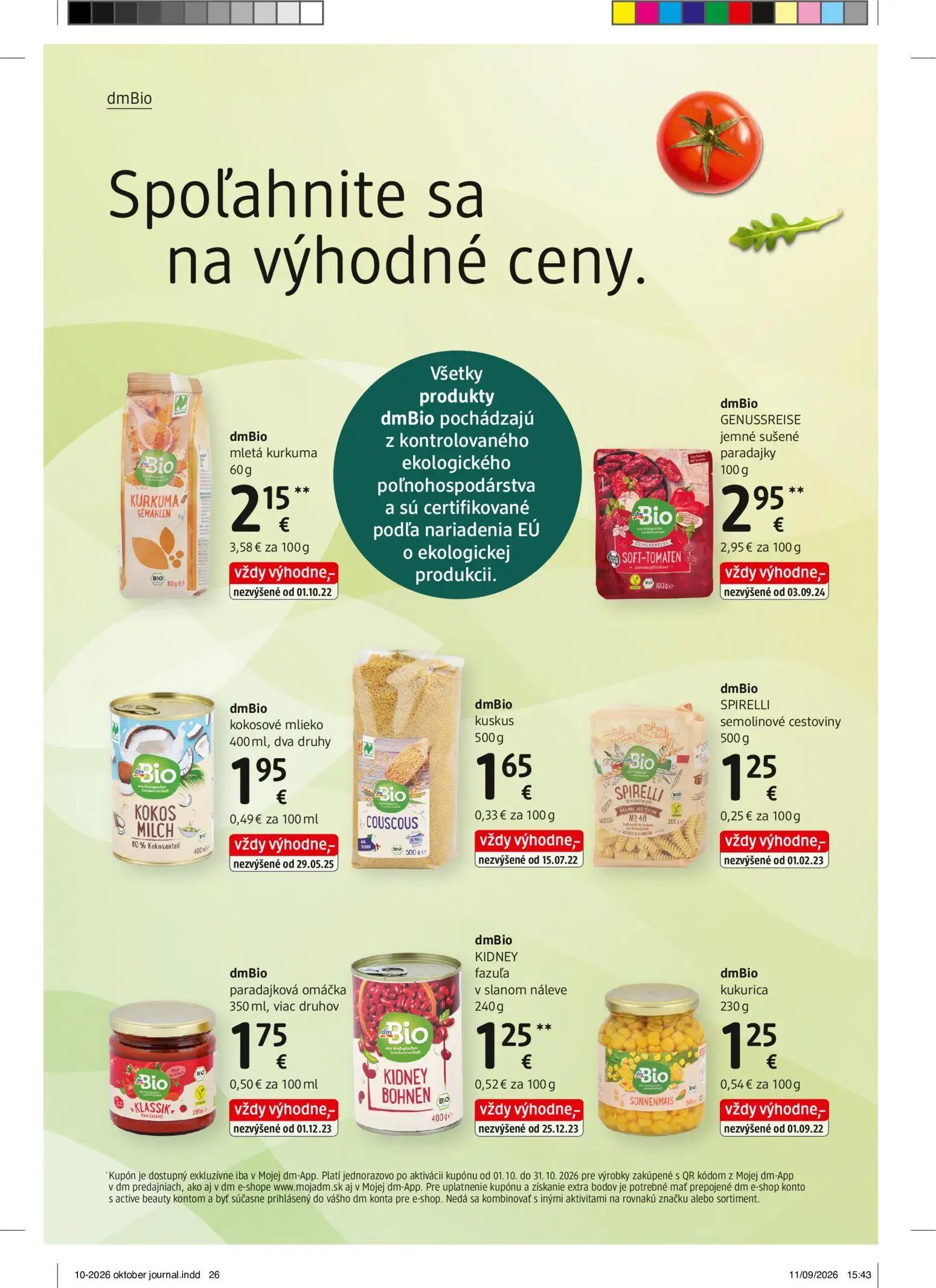 DM Drogerie leták, strana 26 z 32 — mletá kurkuma, GENUSSREISE jemné sušené paradajky, kokosové mlieko, dva druhy