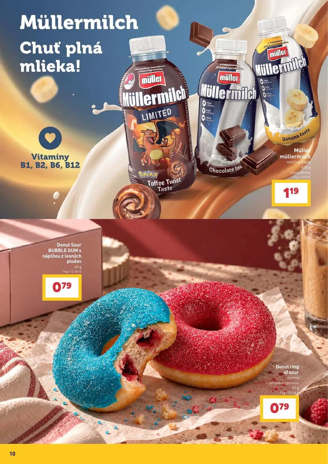 Billa leták, strana 10 z 43 — Müller müllermilch mliečny napoj, Donut Sour BUBBLE GUM s náplňou z lesných plodov, Donut ring…