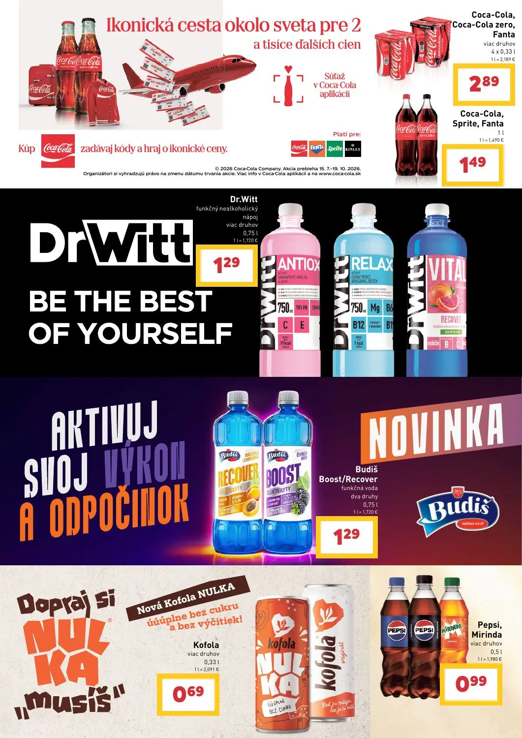 Billa leták, strana 26 z 43 — Coca-Cola, Coca-Cola zero, Fanta, Coca-Cola, Sprite, Fanta, Dr.Witt funkčný nealkoholický nápoj
