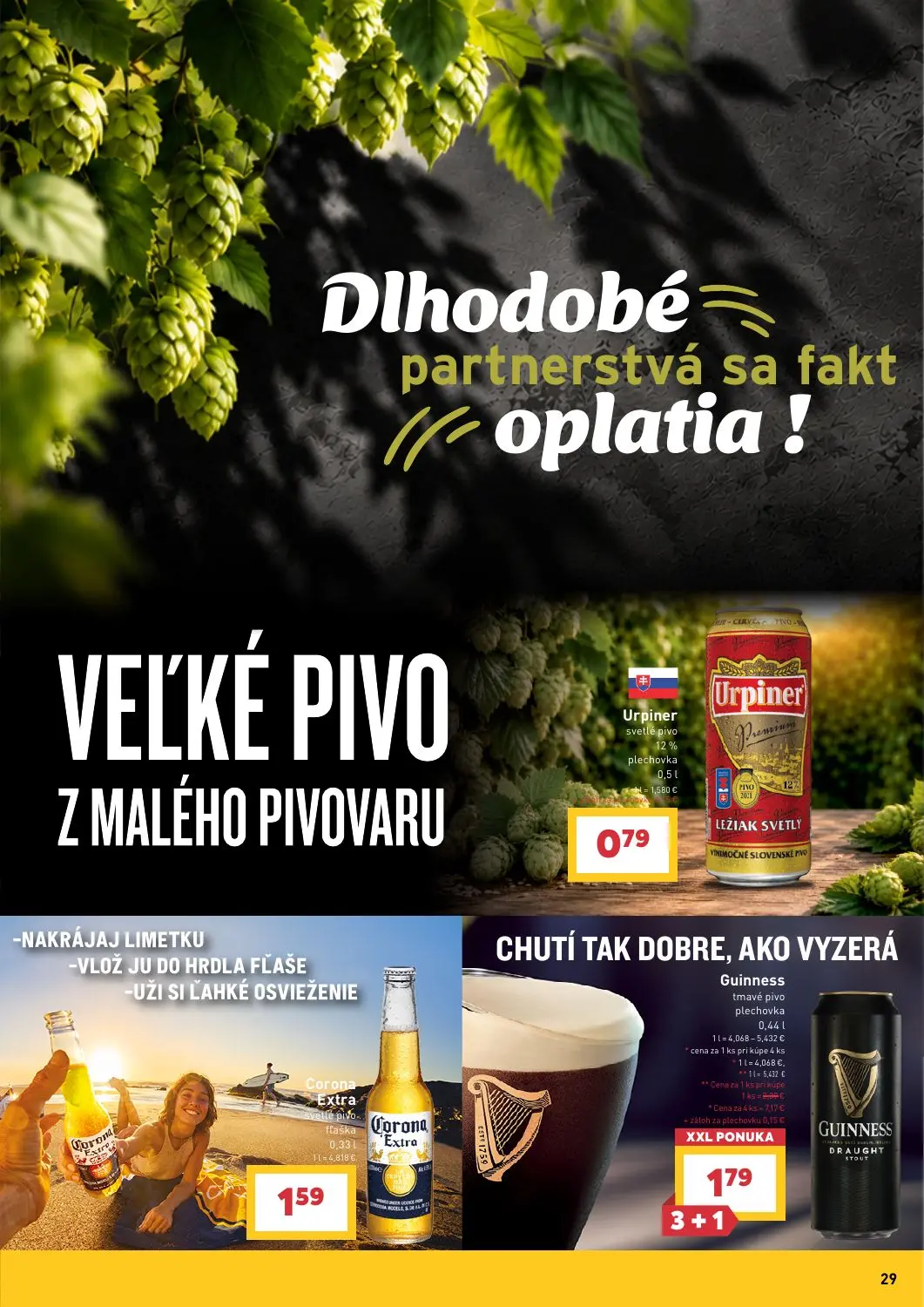 Billa leták, strana 29 z 43 — Urpiner svetlé pivo 12% plechovka, Corona Extra fľaška, Guinness tmavé pivo plechovka XXL PONU…