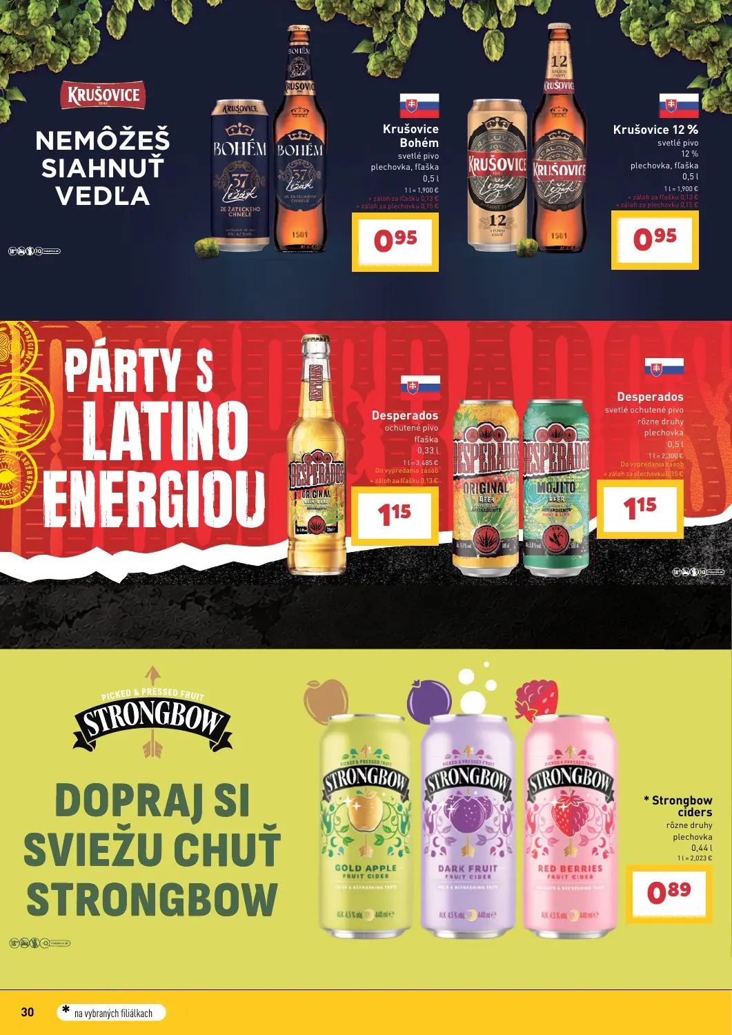 Billa leták, strana 30 z 43 — Krušovice Bohém svetlé pivo, Krušovice 12% svetlé pivo, Desperados ochutené pivo
