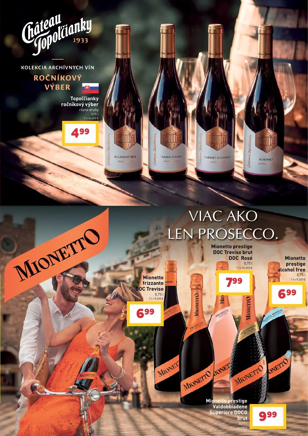 Billa leták, strana 31 z 43 — Topoľčianky ročníkový výber rôzne druhy, Mionetto frizzante DOC Treviso, Mionetto prestige DOC…