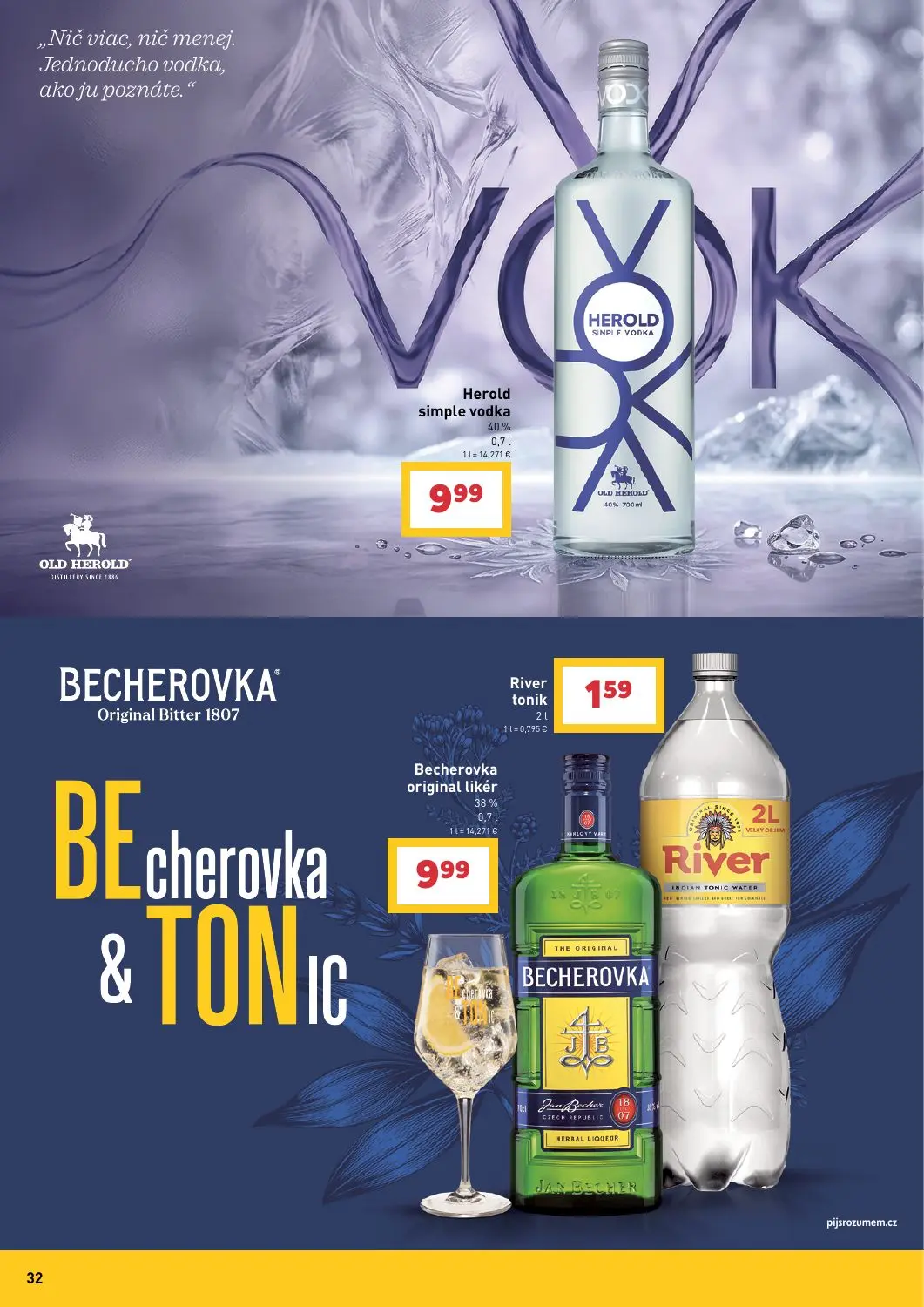 Billa leták, strana 32 z 43 — Herold simple vodka, River tonik, Becherovka original likér