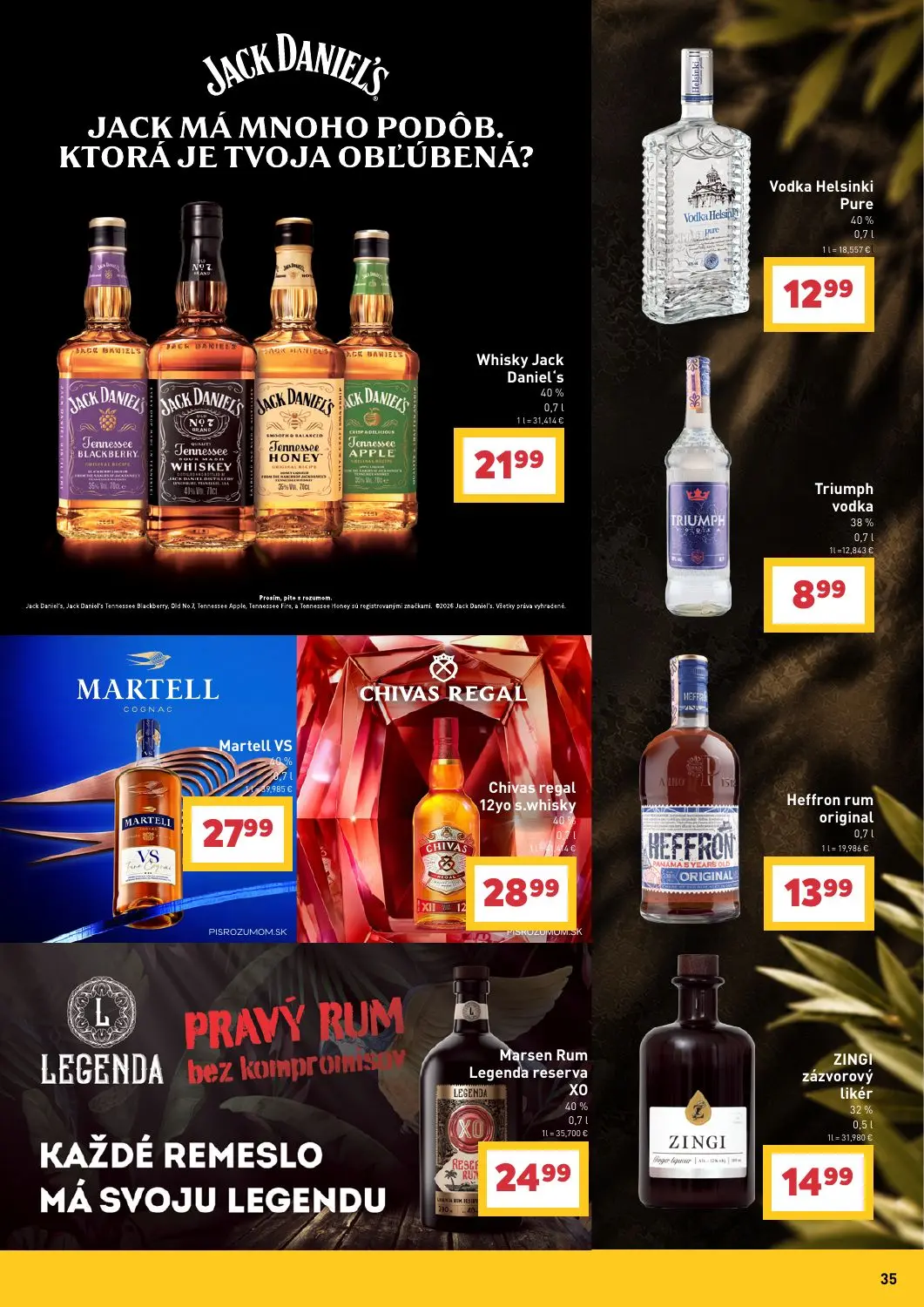 Billa leták, strana 35 z 43 — Whisky Jack Daniel's, Vodka Helsinki Pure, Triumph vodka