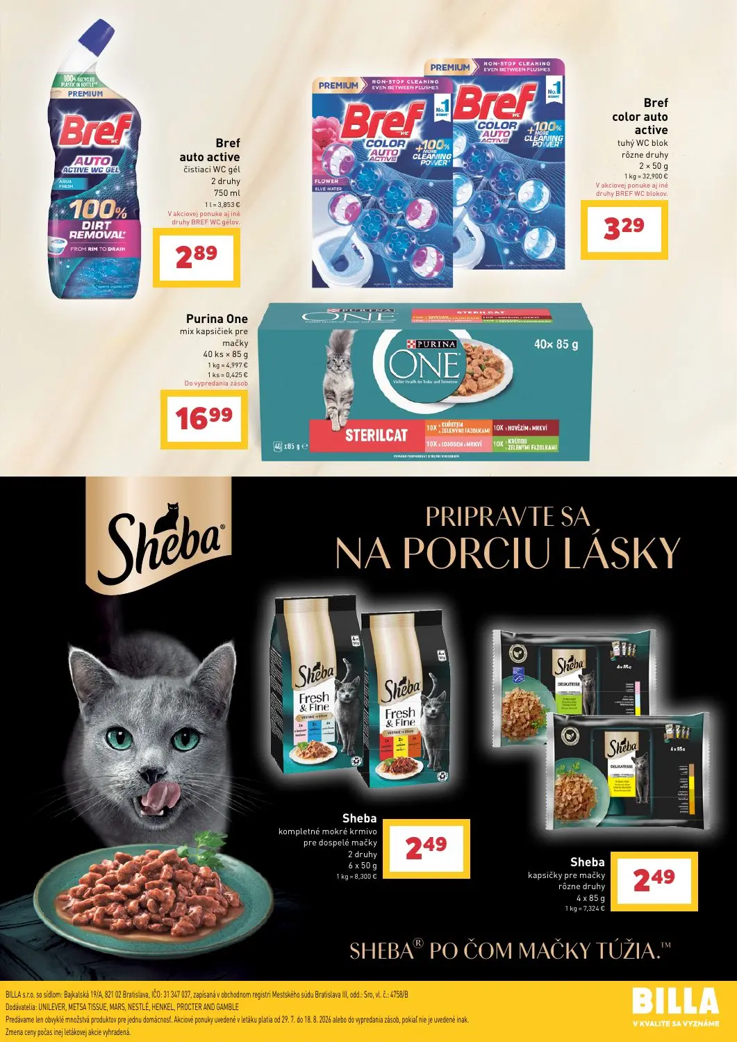 Billa leták, strana 43 z 43 — Bref auto active čistiaci WC gél, Bref color auto active tuhý WC blok, Purina One mix kapsičie…