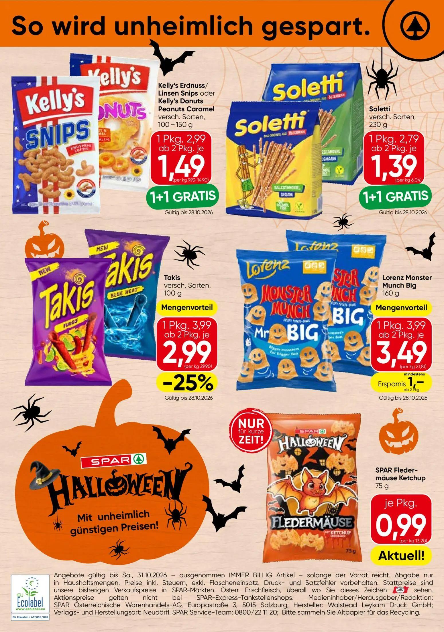Spar Prospekt, Seite 4 von 4 — Kelly's Erdnuss/ Linsen Snips oder Kelly's Donuts Peanuts Caramel, Soletti, Takis